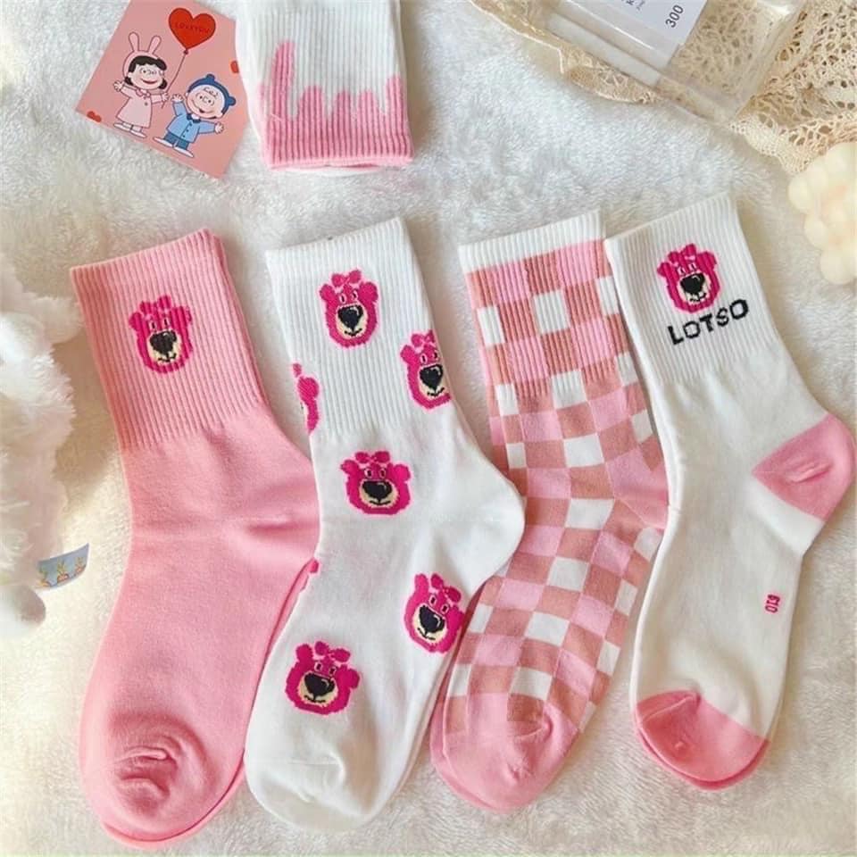 Set 10 đôi tất vớ cổ cao Gấu Dâu Lotso màu hồng socute kèm túi siu đáng yêu