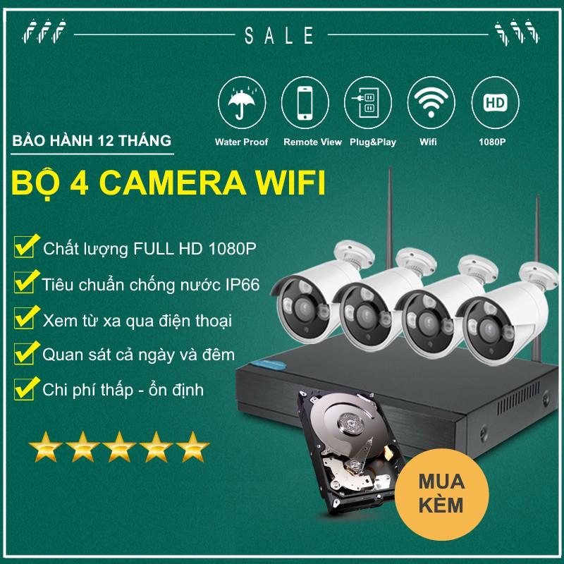 Bộ 4 Camera WIFI 1080P + Đầu Ghi NVR HD + Kèm Ổ Cứng Tùy Chọn