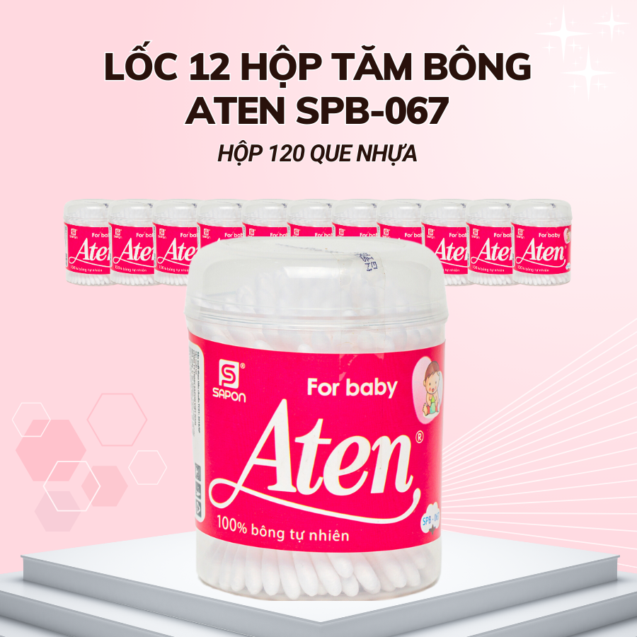 Lốc 12 hộp Tăm bông Aten trẻ em thân nhựa hộp 120 que SPB-067