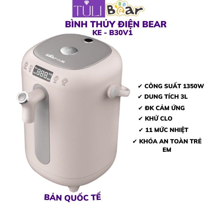 Bình đun nước thủy điện Bear 3L ZDH-H30B1 thông minh đa năng có tính năng khử clo và khoá trẻ em an toàn - Hàng chính hãng