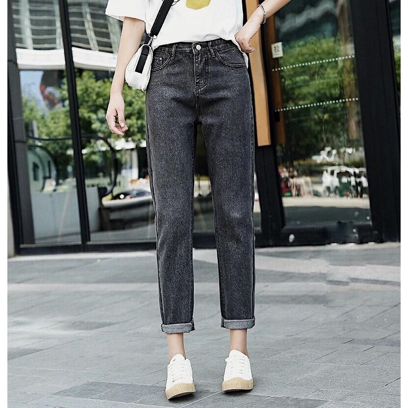 Quần jean baggy cotton lưng cao bigsize màu xám - quần bò baggy cotton lưng cao size đại màu xám