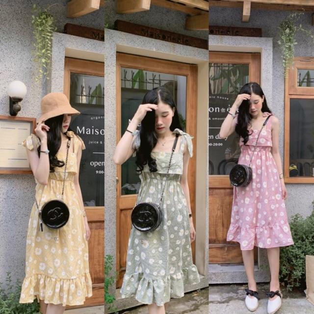 Đầm maxi phối bèo cột dây