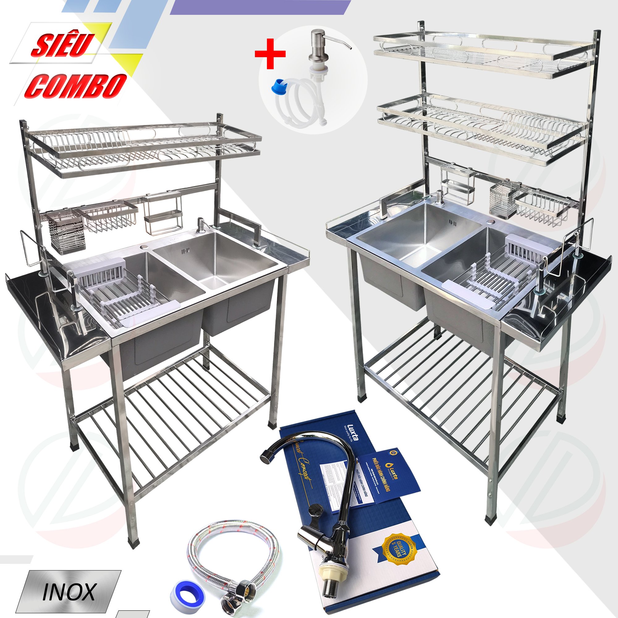 COMBO Chậu Inox 2 Hộc Có Chân Kèm Kệ Úp Chén Đa Năng - Gồm chậu 2 hộc, chân, kệ chén 1 tầng hoặc 2 tầng, vòi Luxta lạnh, tặng rổ rút, dây cấp, keo lụa