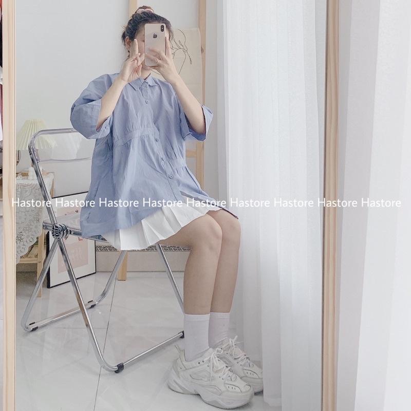 Sơ mi lệch tà trắng / xanh