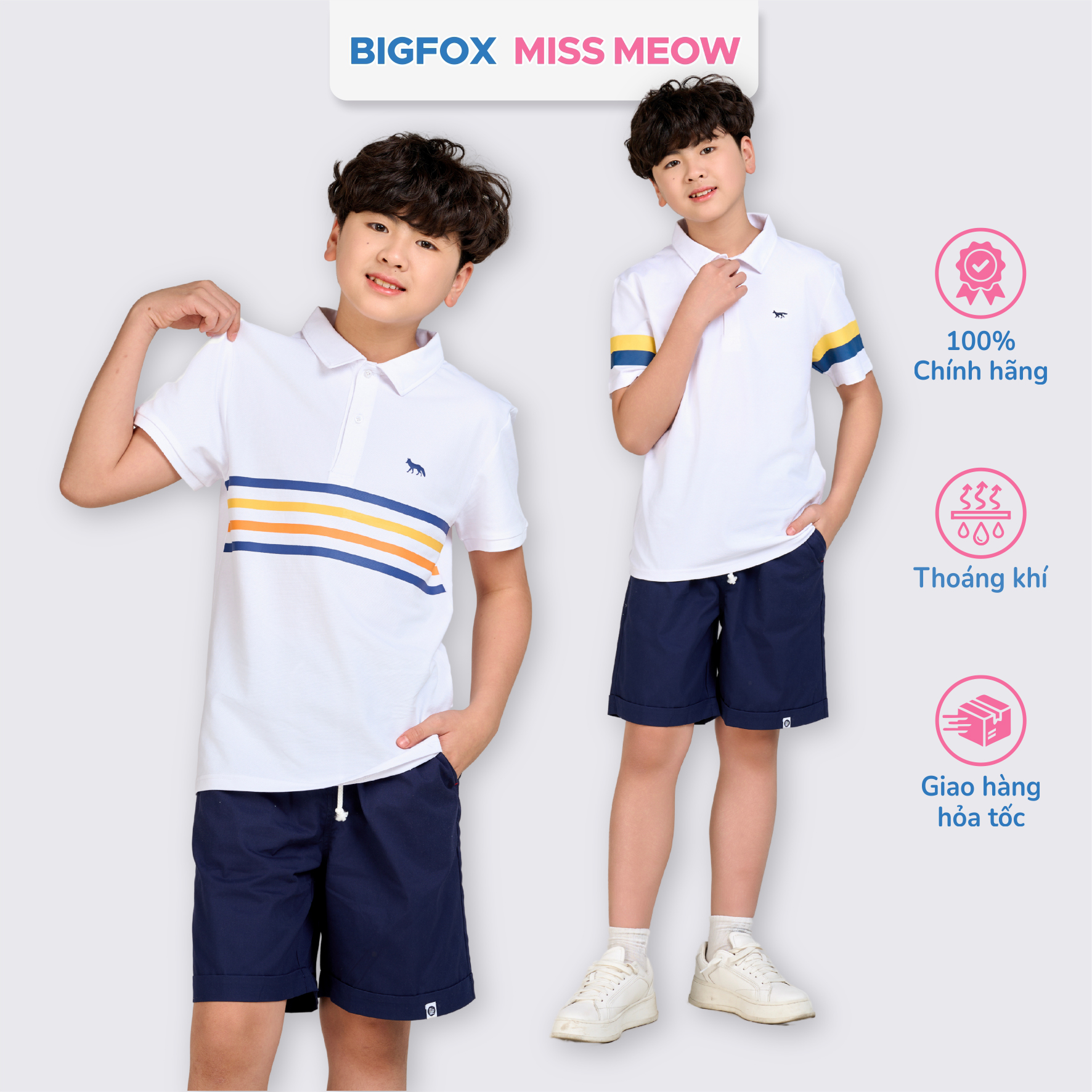 Áo polo hè bé trai Bigfox Miss Meow size đại, áo cá sấu có cổ đồng phục đi học size đại 7-15 tuổi 50kg
