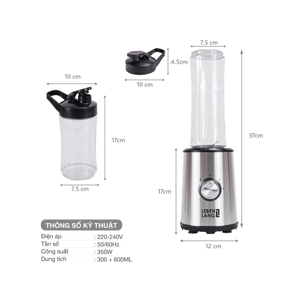 Máy xay sinh tố mini Mix&amp;Go gồm 2 cối xay tích hợp bình chứa dung tích 300-600ml, công suất 350W, model LBSP8648