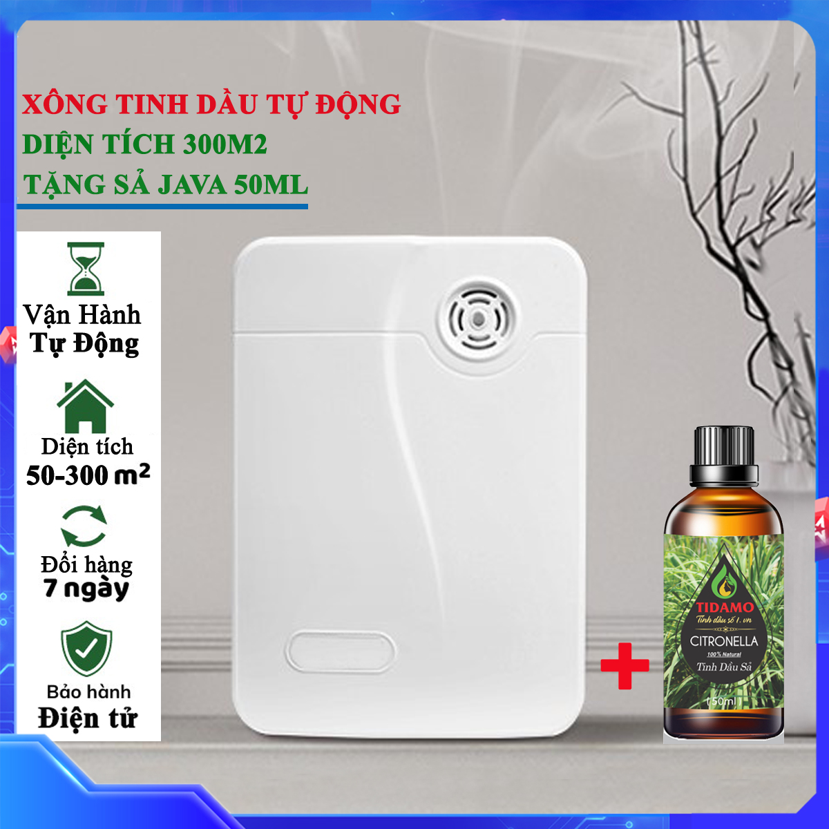 Máy Xông Tinh Dầu Tự Động Kèm Tinh Dầu Sả 50ml Cho Phòng Diện Tích Lớn Đến 300M2, Máy Hẹn Giờ Hoạt Động, Sử Dụng Tinh Dầu Nguyên Chất, Phun Mạnh Mẽ