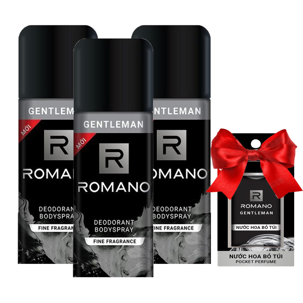Bộ 3 chai xịt khử mùi Romano Gentleman 150ml +Tặng kèm nước hoa bỏ túi Romano 18ml( Màu ngẫu nhiên)