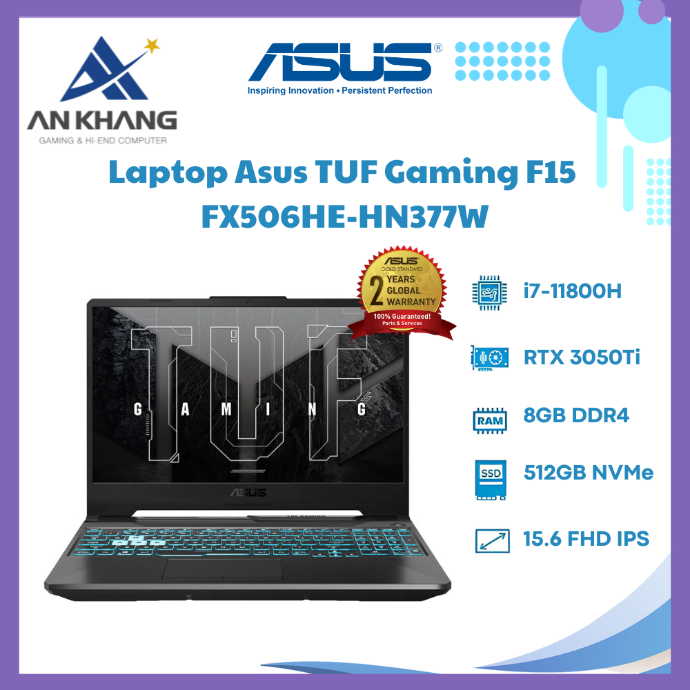 Laptop ASUS TUF Gaming F15 FX506HE-HN377W (Intel Core i7-11800H | 8GB | 512GB | RTX 3050Ti | 15.6 inch FHD 144 Hz | Win 11 | Đen) - Hàng Chính Hãng - Bảo Hành 24 Tháng