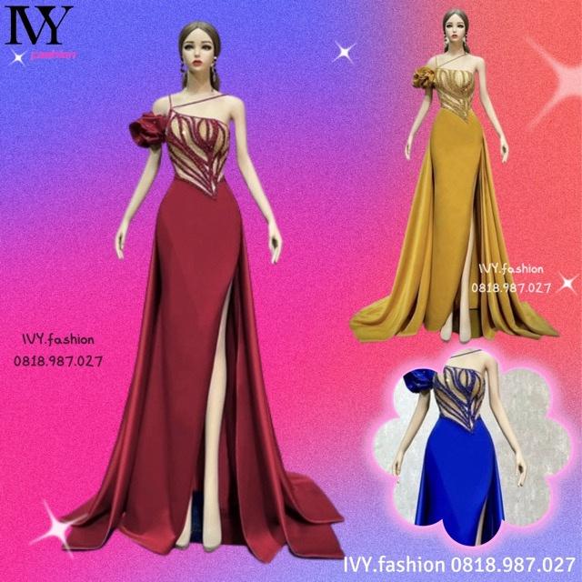 Đầm váy maxi dạ hội phi lụa kết đá cườm tay phồng xẻ đùi cúp ngực vàng đỏ xanh đi biển dự tiệc dạo phố bigsize gợi cảm