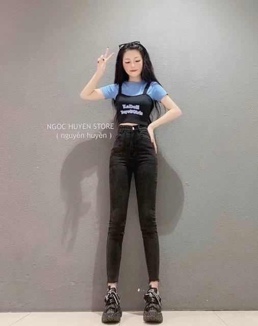 Quần jeans ôm body lưng siêu cao nút kiểu , quần jeNs nữ quần bò nữ lưng cao có túi