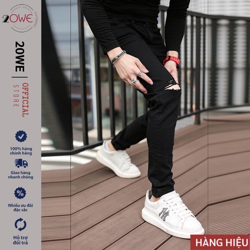 Quần jean nam rách gối màu đen chất bò cao cấp co dãn 4 chiều cực đẹp rin trơn from dáng skinny đẹp