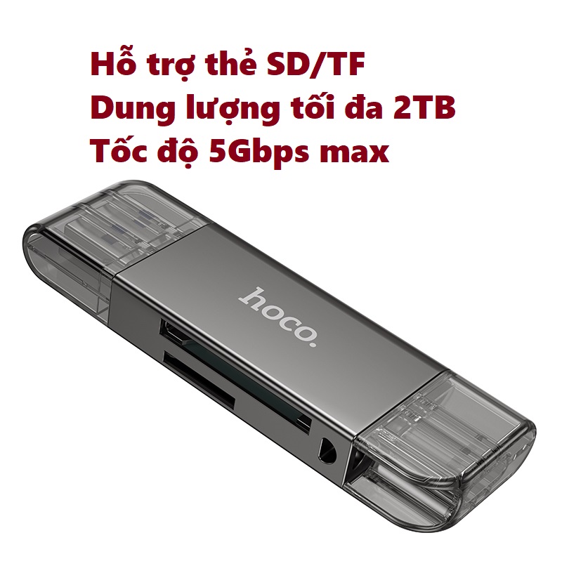 Đầu đọc thẻ nhớ đa năng chuẩn 3.0 hai đầu kết nối Usb và type C cho điện thoại laptop hoco HB39 _  hàng chính hãng