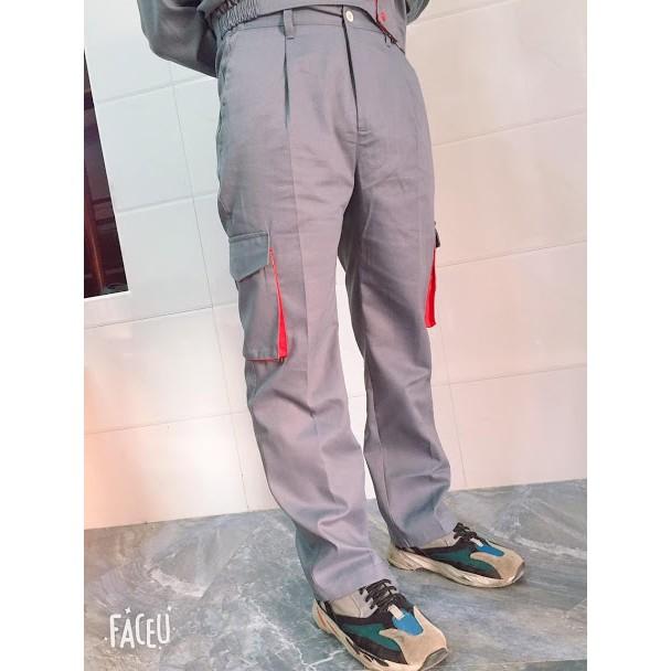 Bộ bảo hộ lao động SHUNI ngắn tay xám phối đỏ khóa kéo vải kaki dày kỹ sư cơ khí, kỹ thuật, xây dựng, nhà máy, bảo vệ