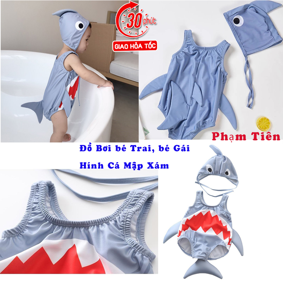 Đồ Bơi Hình Cá Mập Xám Cho Bé Trai, Bé Gái Siêu CuTe Kèm Nón Riêng, Đủ 3 Màu Hình Cá Mập Có Đuôi, Vây