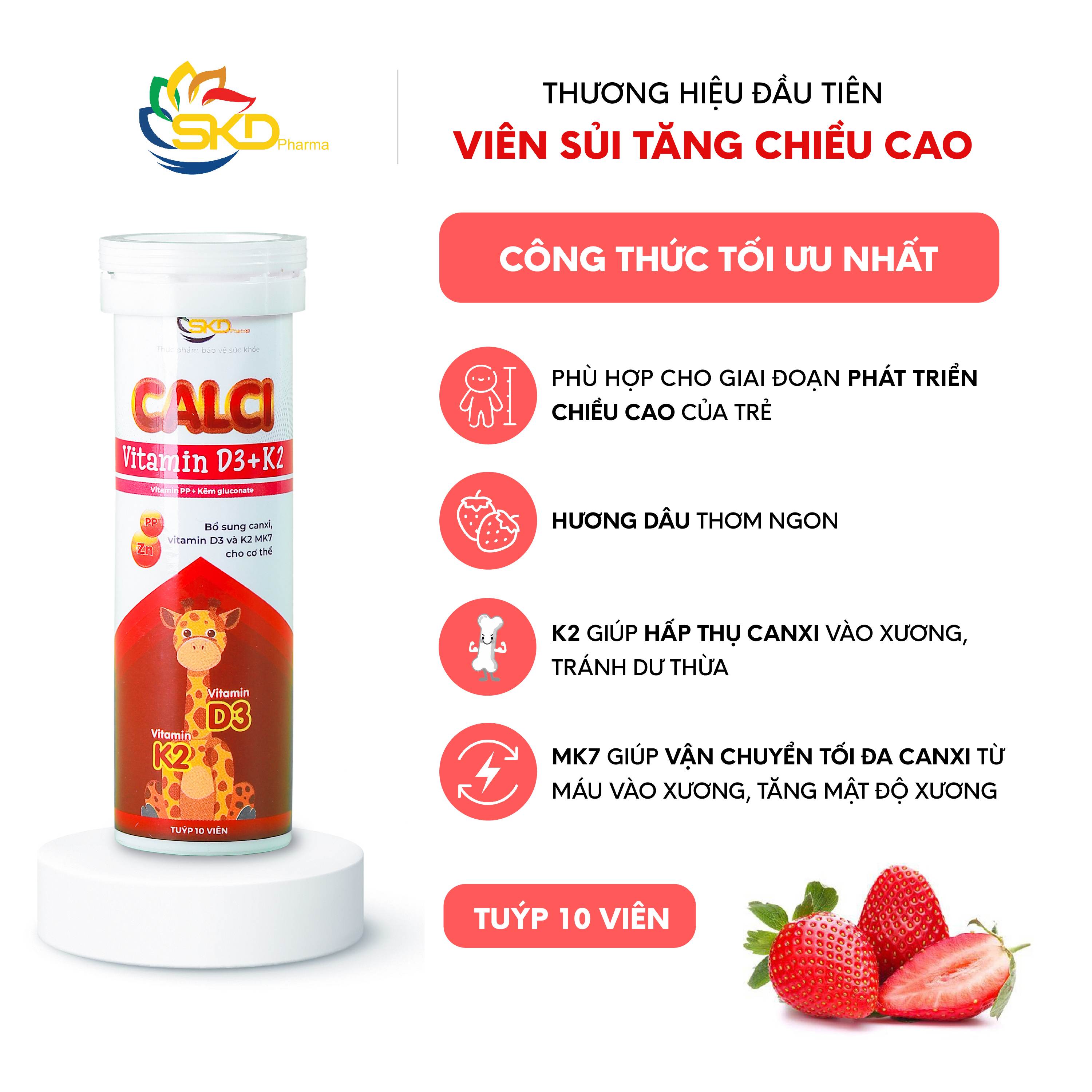 Sủi Vitamin D3k2 SKD Pharmar DÀNH CHO BÉ 4 TUỔI HỘP 20 VIÊN HỖ TRỢ BỔ SUNG CALCI CHO BÉ