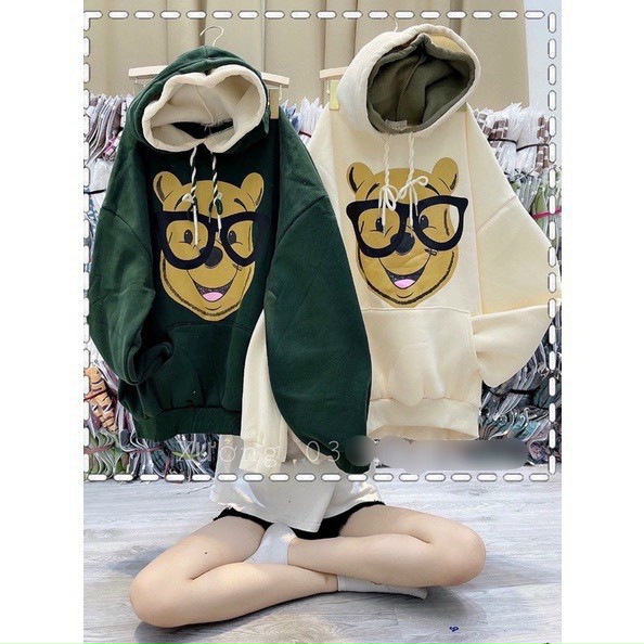 Áo khoác Hoodie form rộng áo khoác hoodie nam nữ hai nón GẤU ĐEO KÍNH