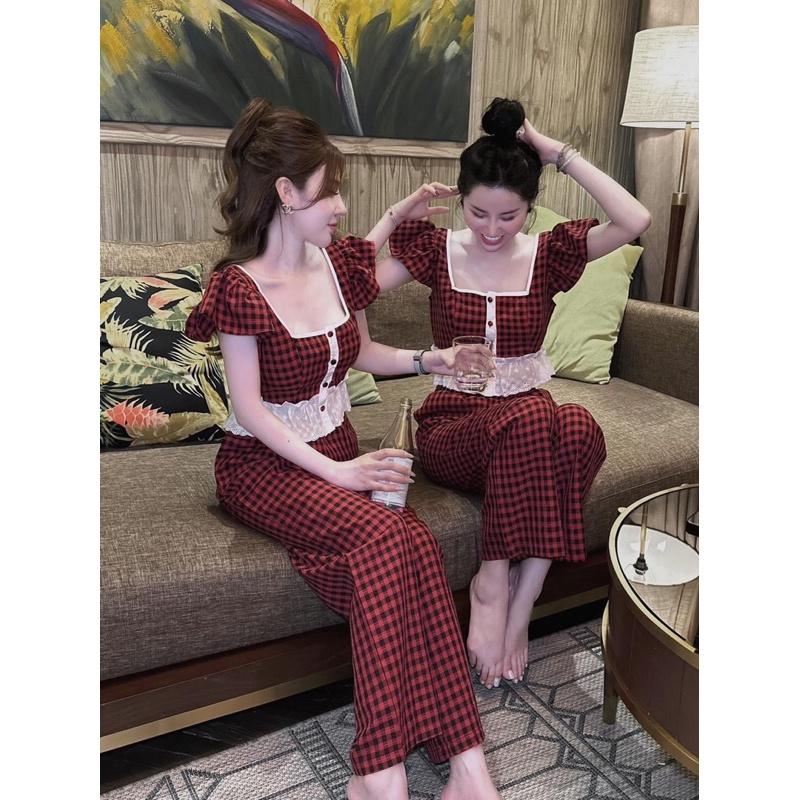 SET ÁO CARO CỔ VUÔNG PHỐI REN MIX QUẦN SUÔNG