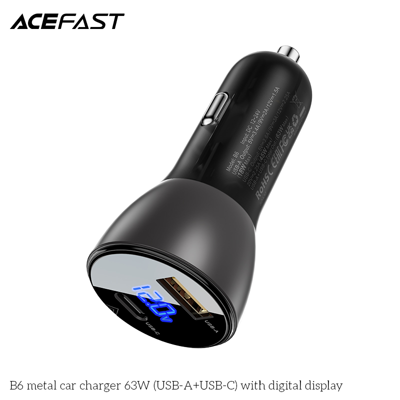 Sạc ô tô Acefast 63W 2 cổng USB-A + USB-C có đèn hiển thị - B6 Hàng chính hãng Acefast