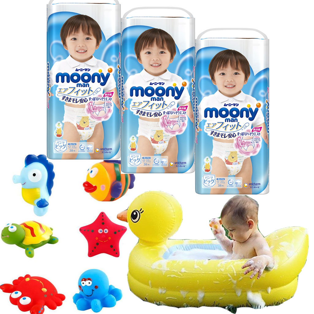 Combo 3 gói tã quần Moony cao cấp size M58/L44/XL38/XXL26 tặng đồ chơi tắm Toys House và chậu tắm phao vịt vàng