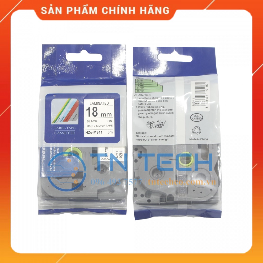 Nhãn In HZE-M941 - Đen nền bạc 18mm x 8m - Dùng cho máy in BROTHER - AIMO - PUTY [Hàng nhập khẩu]