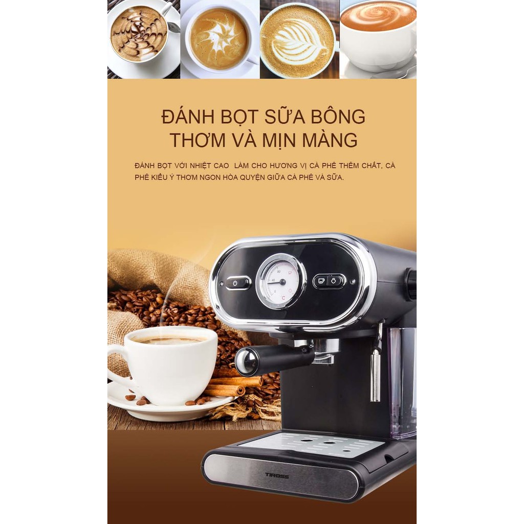 Máy Pha Cafe Espresso, Capuchino Bán Tự Động Gia Đình Tiross TS6211 (15bar), pha 2 tách cà phê cùng lúc, đánh bọt sữa bông và mịn , thương hiệu Ba Lan - Hàng chính hãng