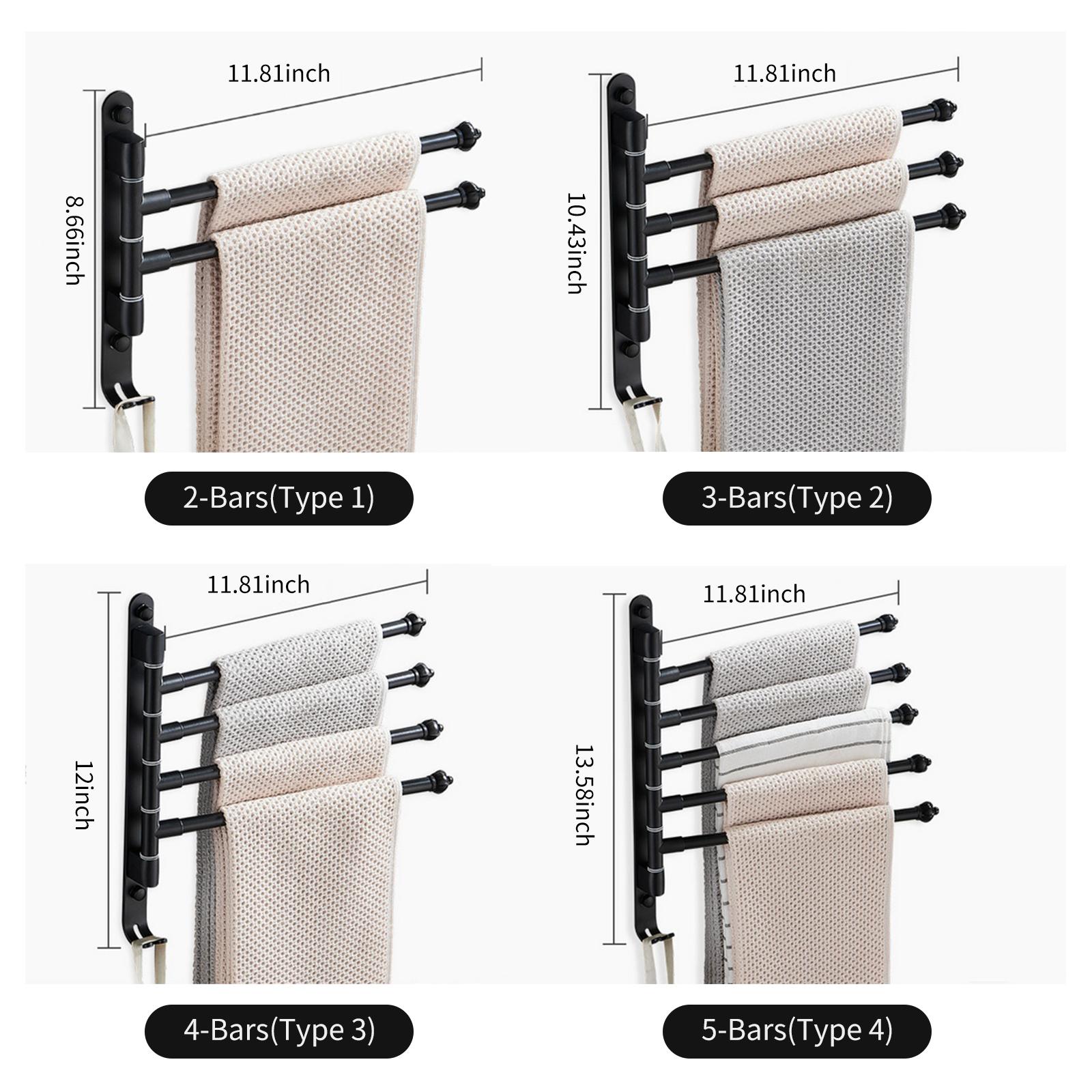 Swivel Out Towel Racks with Hooks Foldable Arms Bath Towel Hanger Wall Mount Towel Bar Aluminum Towel Holder Organizer
