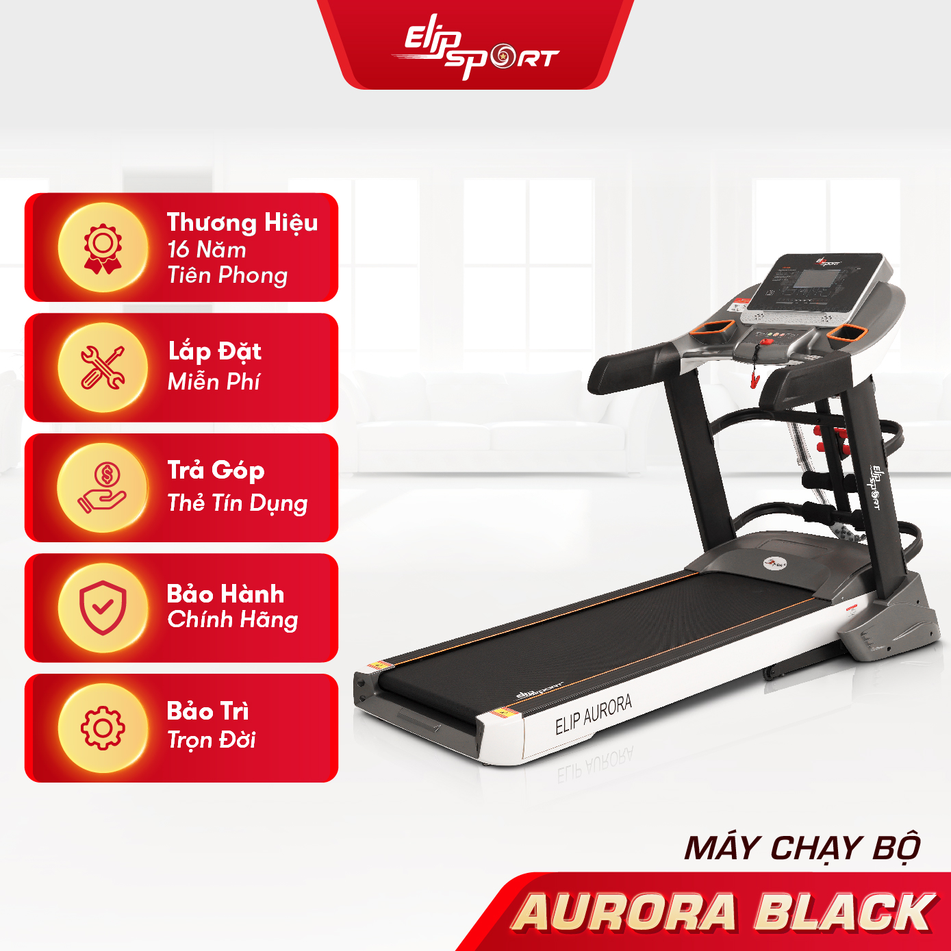 Máy Chạy Bộ Điện Đa Năng ELIP Aurora Động Cơ Mạnh 4.0HP, Thảm Chạy Rộng, Êm Ái, Chống Trơn Trượt