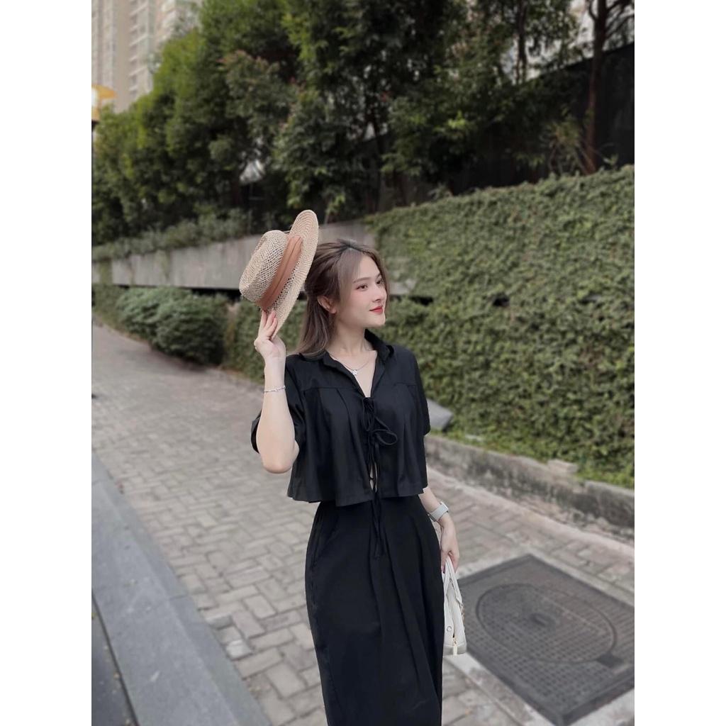 SET ÁO CROPTOP TAY NGẮN FROM RỘNG XẾP LY CỘT NƠ MIX CHÂN VÁY DÀI XẺ SAU CỰC HOT CHO CÁC NÀNG SANG CHẢNH