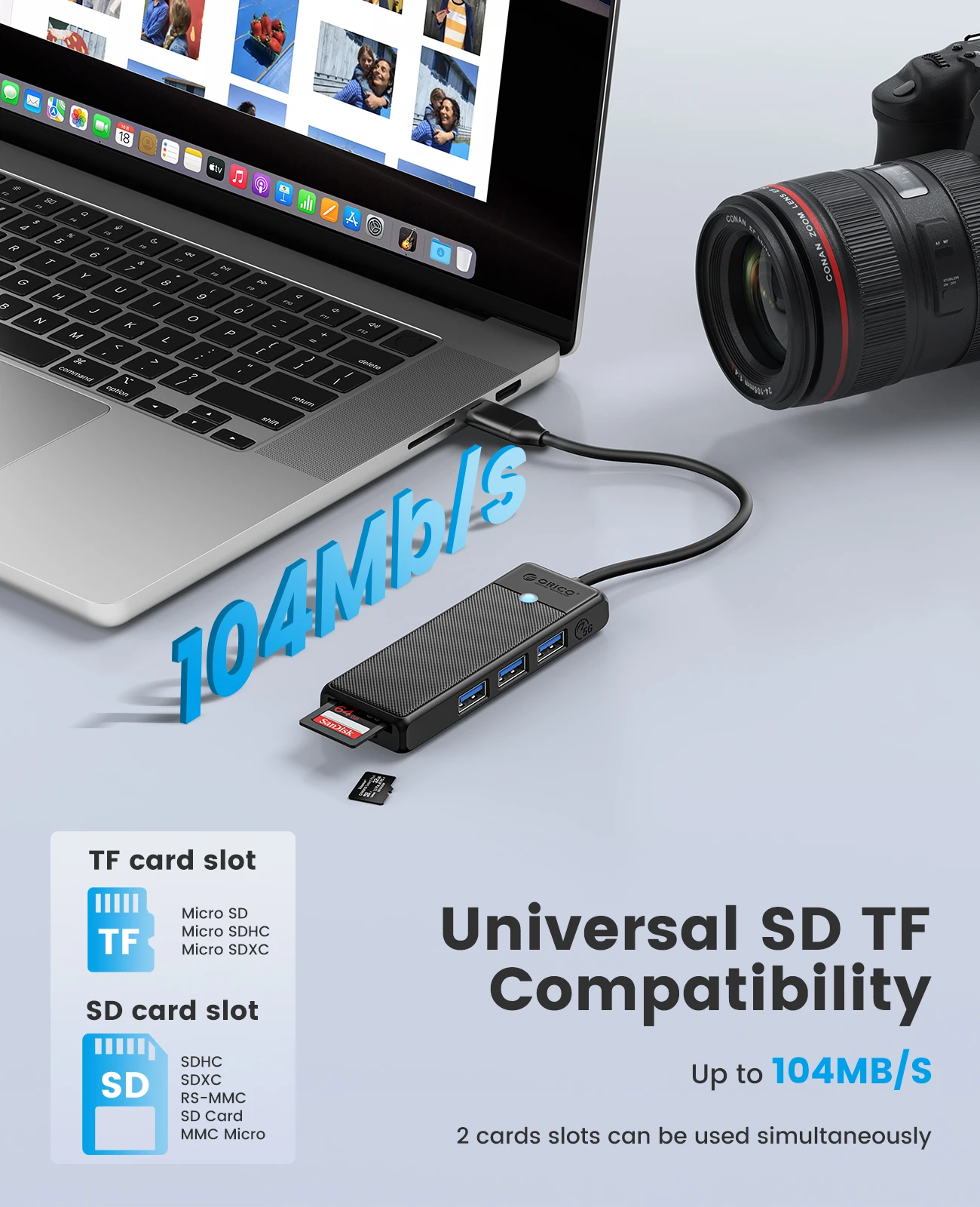 Bộ Chuyển Đổi HUB TypeC 1 USB ra 4 cổng USB 3.0 5Gps/ TF/SD 3.0*1 5Gbps PAPW3AT-C3-015 Orico - Hàng Chính Hãng