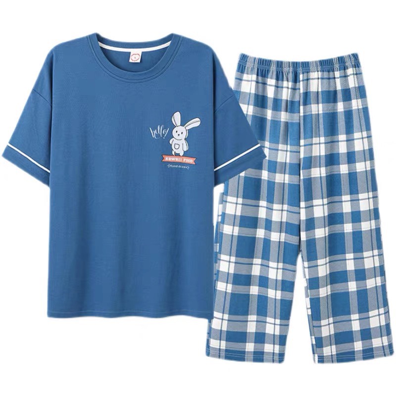 Đồ bộ mặc nhà cotton nữ tay ngắn quần lửng hình thỏ xanh nữ dễ thương 574