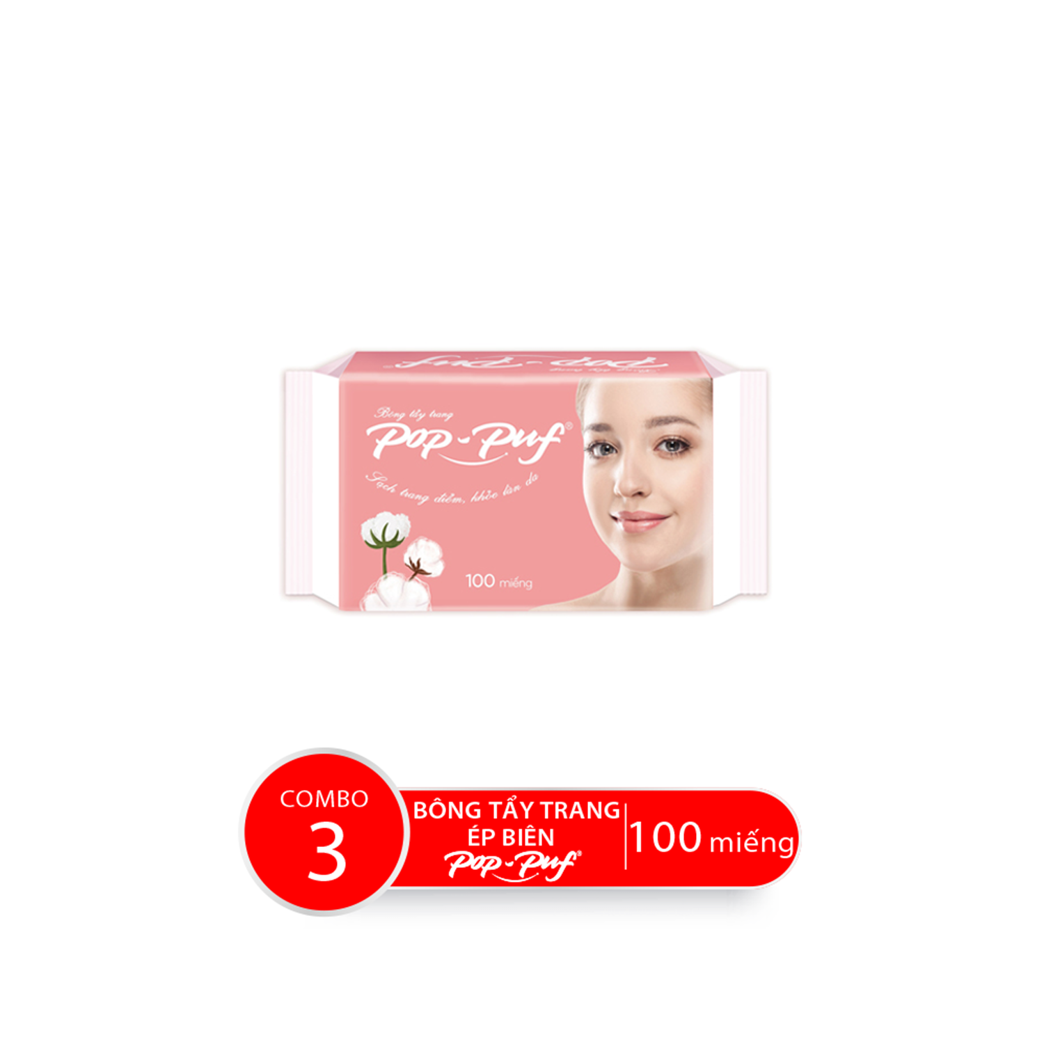Combo Bao Bông Tẩy Trang Ép Biên POP-PUF, 100 Miếng/Bao