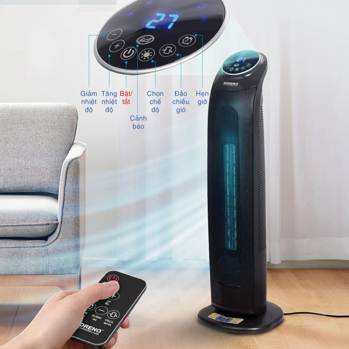 Máy sưởi gốm Ceramic Koreno KN-555 công suất 2200W kèm khiển từ xa - Hàng chính hãng