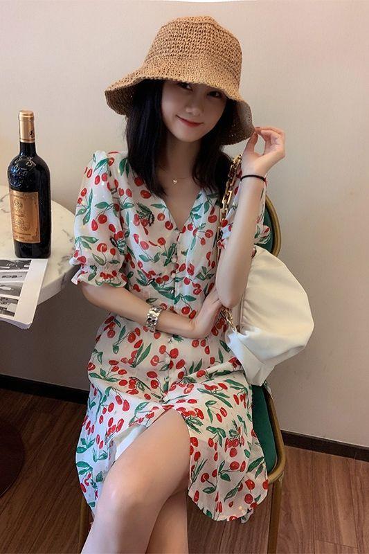 SHUANGYAN 2021 mùa hè thắt lưng ngọt ngào trà nghỉ váy nữ Pháp anh đào chiffon hoa bong bóng tay áo đầm dài
