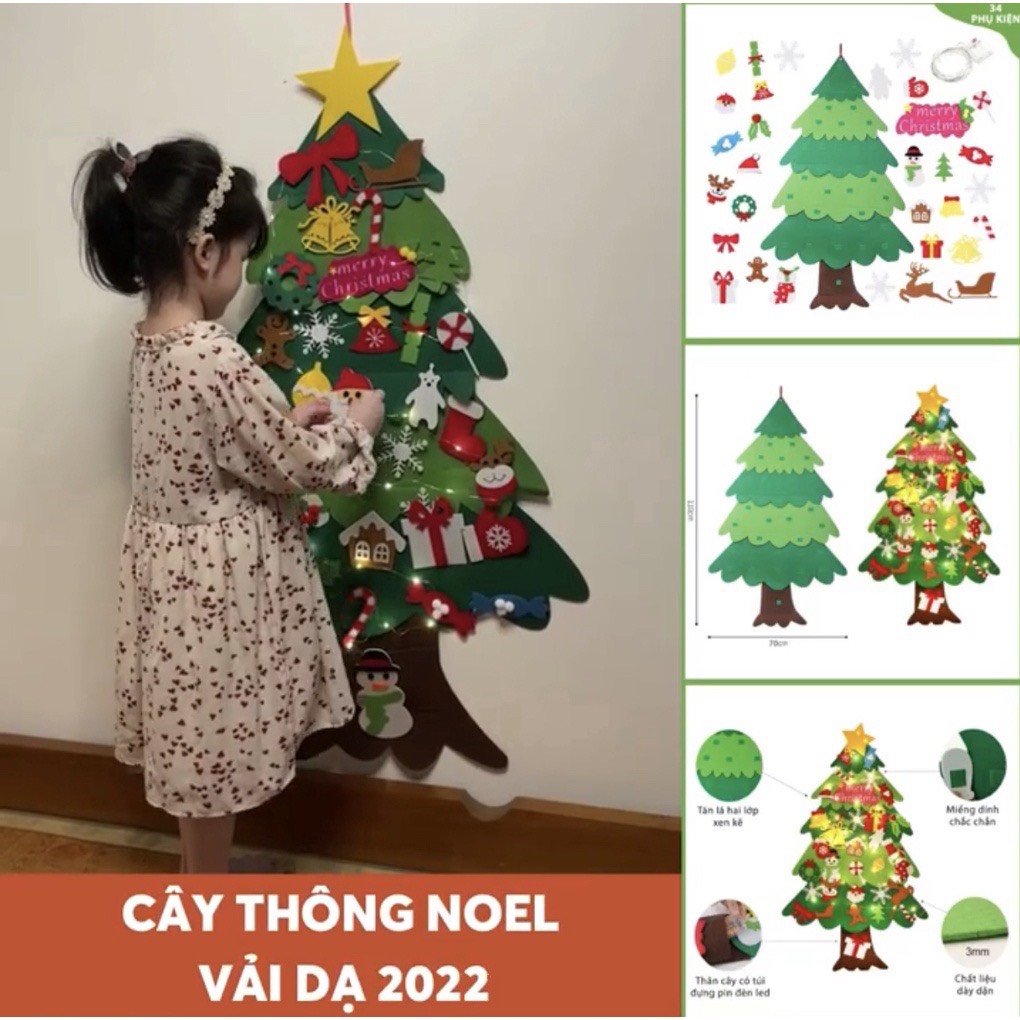 Cây thông noel vải dạ cỡ lớn treo dán tường kèm đèn LED có 32 phụ kiện trang trí giáng sinh cho bé