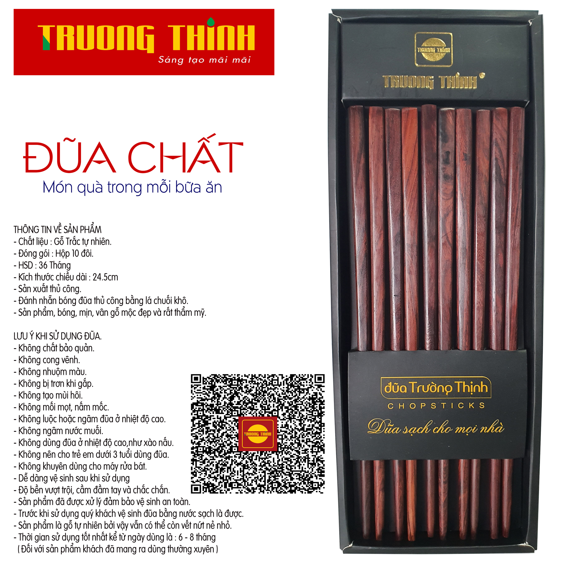 Đũa Gỗ Trắc Vân Cao Cấp Trường Thịnh Loại Đặc Biệt/ Hộp Màu Đen/ 10 Đôi Vuông Trơn