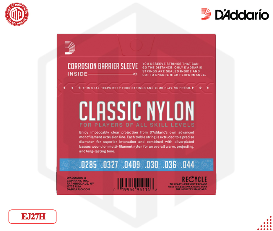 Bộ dây đàn Guitar D'Addario EJ27H Student Nylon Classical Guitar Strings, Hard Tension, Clear/Silverplated Wound — D01-EJ27H - Hàng chính hãng