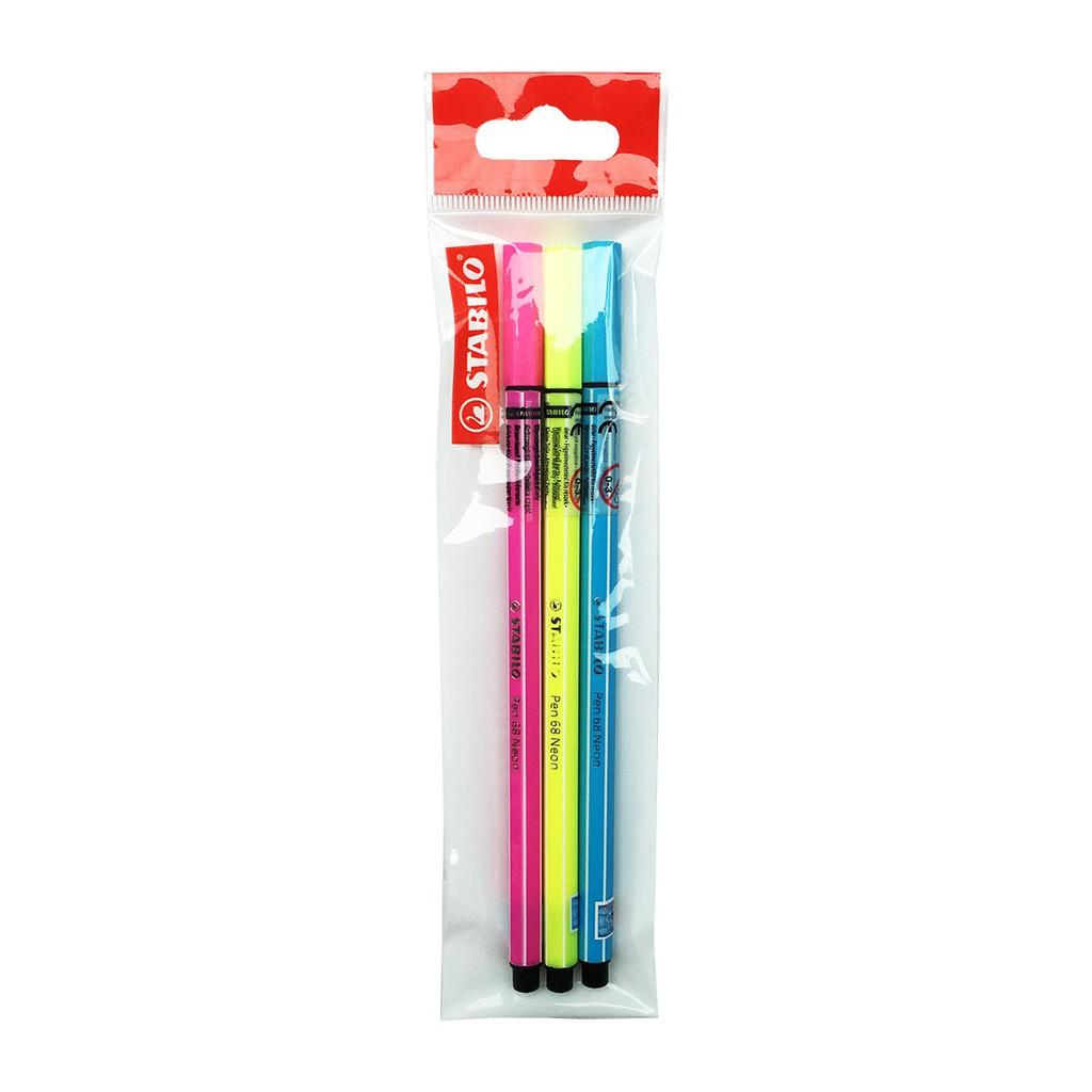 Bộ 3 cây bút lông màu STABILO Pen68 màu dạ quang: vàng, xanh biển, cam (PN68-N3A)