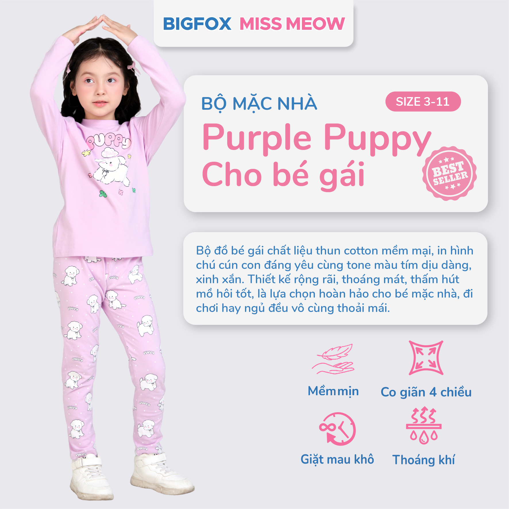 Bộ đồ dài tay cho bé gái Bigfox Miss Meow thu đông size đại vải thun cotton mặc nhà 3-11 tuổi 35kg