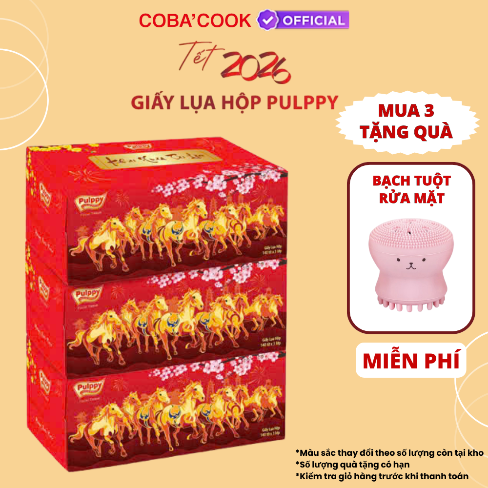 [Mua 3 Hộp Tặng Silicon Rửa Mặt] Pulppy Hộp Khăn Giấy Tết Bính Ngọ 3 Lớp Siêu Dày Dai Đỏ May Mắn 2026