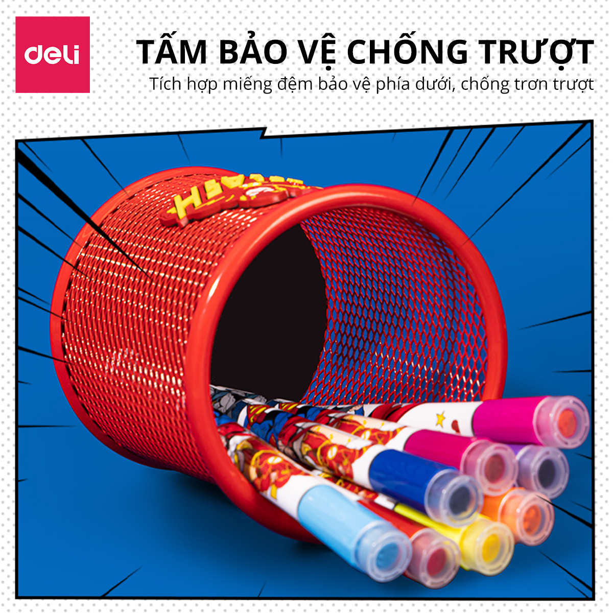 Hộp đựng bút siêu anh hùng chủ đề Liên minh công lý Deli, ống đựng cắm bút đa năng tiện lợi lưới kim loại để bàn