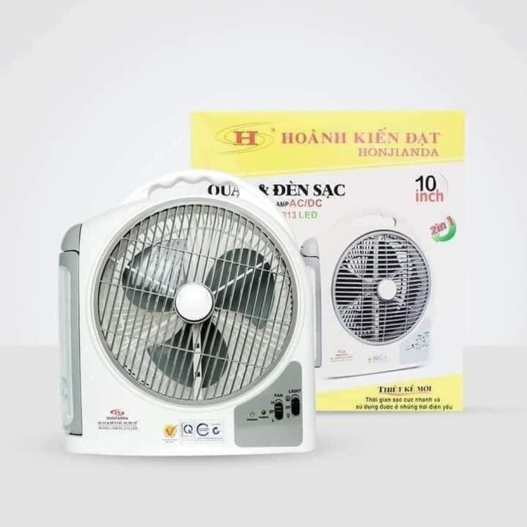 Quạt Sạc Tích Điện Dạng Hộp AC&amp;DC 10 inch Honjianda FL213 loại 2 bình có đèn LED - Hàng Chính Hãng