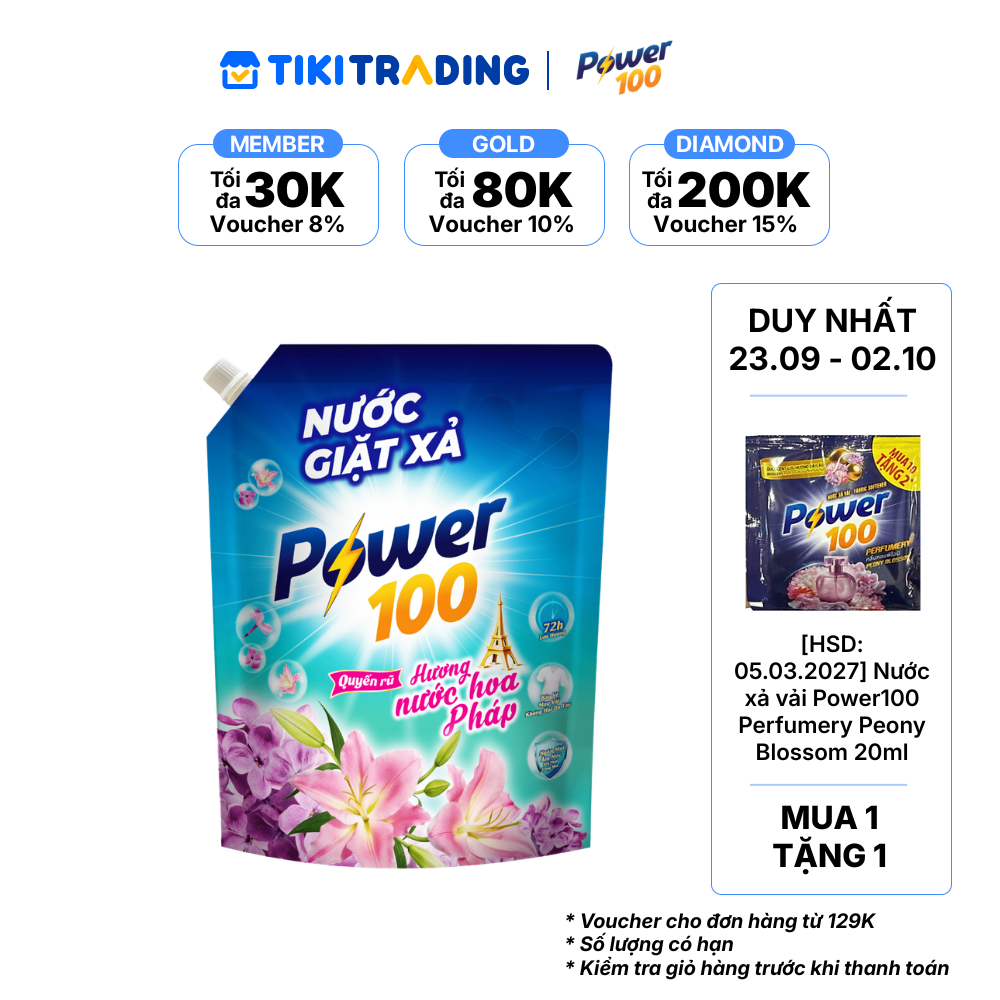 [23.09-02.10 Mua 1 Tặng 1]  Túi Nước Giặt Xả POWER100 Hương Nước Hoa Pháp 3KG