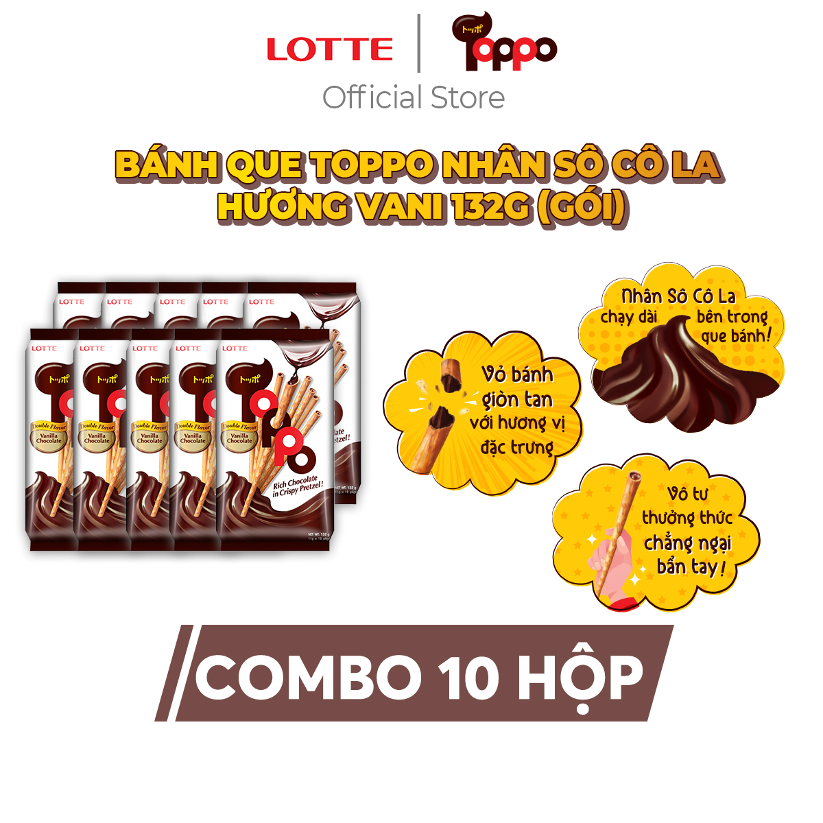 Combo 10 hộp Bánh que Toppo nhân sô cô la hương Vani 40 g (hộp)