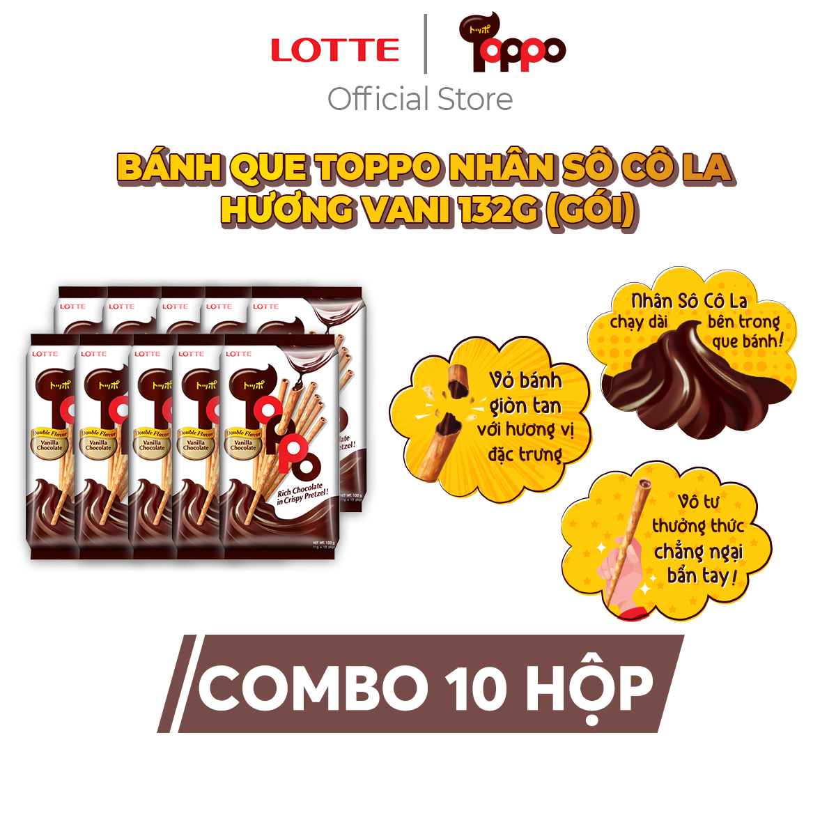 Combo 10 hộp Bánh que Toppo nhân sô cô la hương Vani 40 g (hộp)