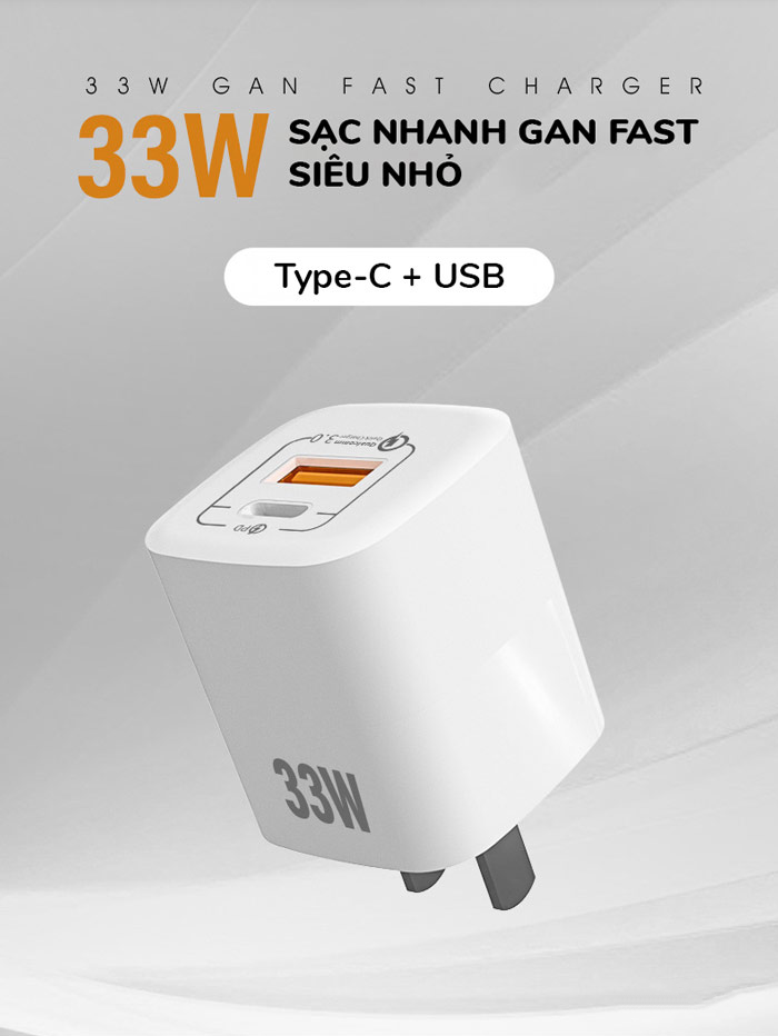 Cóc sạc nhanh RY-U33 GaN 33W Dual USB Output PD Type-C Fast Charger