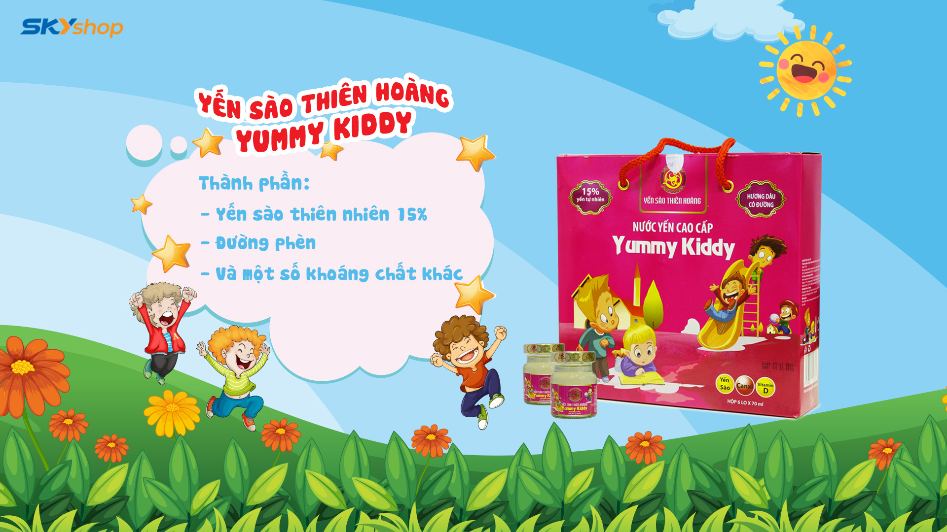 [ Combo 5 Hộp ] Yến Yummy Kiddy Hương Dâu Thiên Hoàng (6 Lọ/Hộp) - Tặng 2 Khăn Đa Năng Hàn Quốc