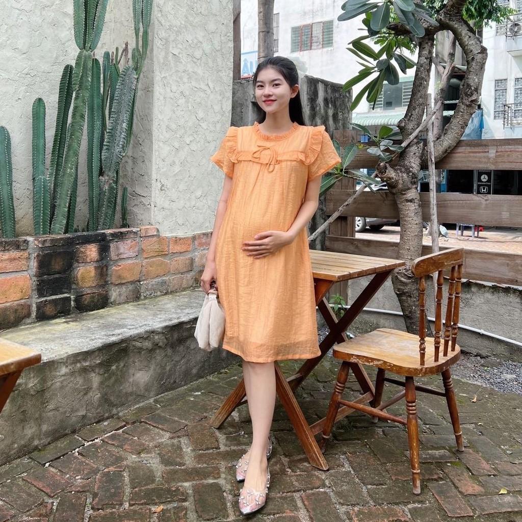 Đầm bầu tơ bèo quanh ngực đính nơ phom suông xinh xắn, đáng yêu - Xanh bơ