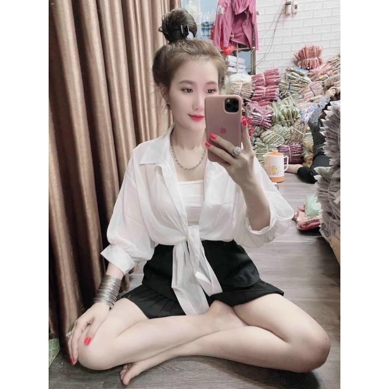 Áo sơ mi voan buộc nơ tay lửng vkv