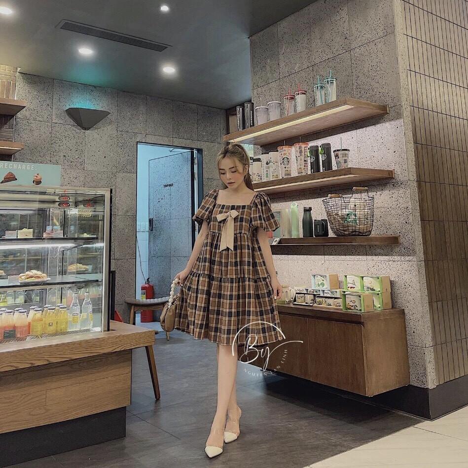 Đầm Babydoll Kẻ Caro Có Nơ Ngực Váy Babydoll Caro Tay Ngắn Có Nơ Ngực